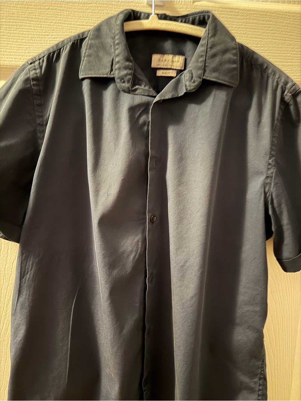 Zara Men Short Sleeve Button-Up Shirt - Navy Slim Fit